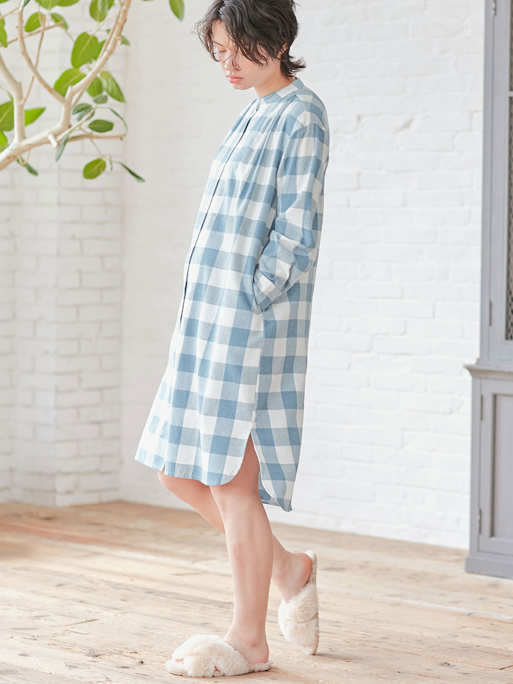 マタニティ パジャマ・ルームウェア|綿100%フランネルシャツワンピース＆産後も使えるレギンスパンツセット【出産後も長く使える】|ブルー