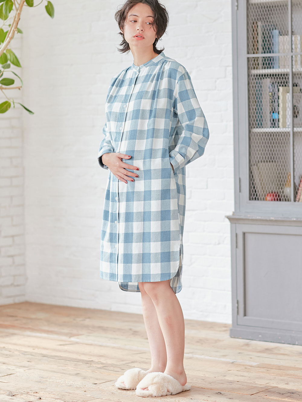 マタニティ パジャマ・ルームウェア|綿100%フランネルシャツワンピース＆産後も使えるレギンスパンツセット【出産後も長く使える】|ブルー