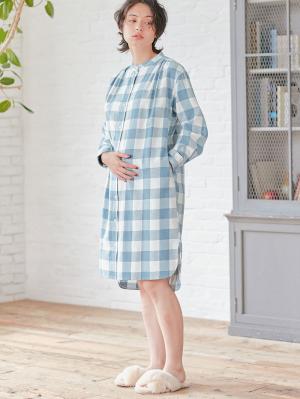 マタニティ パジャマ・ルームウェア|綿100%フランネルシャツワンピース＆産後も使えるレギンスパンツセット【出産後も長く使える】|ブルー