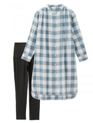 マタニティ パジャマ・ルームウェア|綿100%フランネルシャツワンピース＆産後も使えるレギンスパンツセット【出産後も長く使える】|ブルー