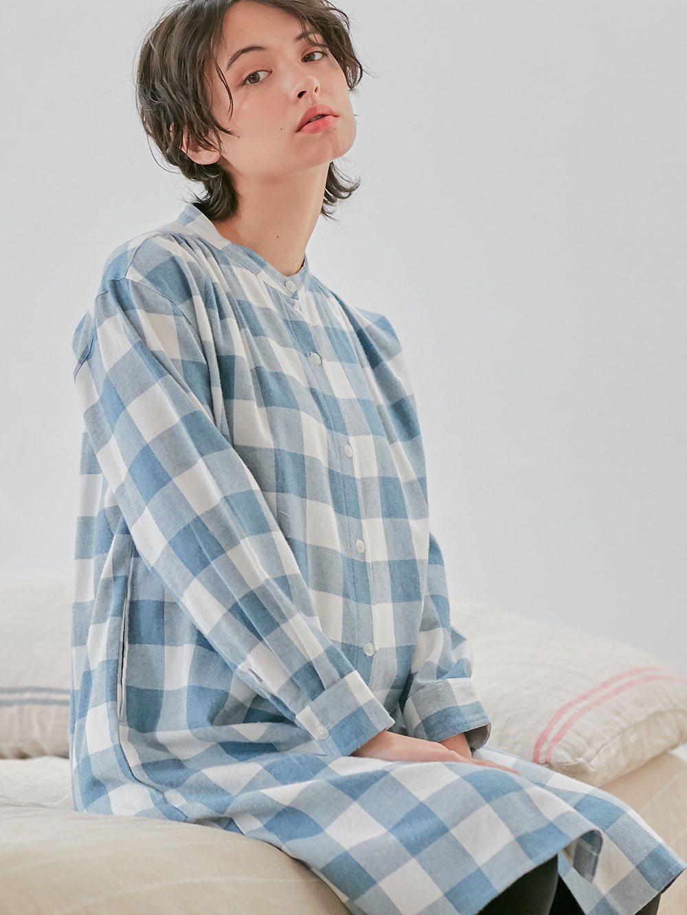 マタニティ パジャマ・ルームウェア|綿100%フランネルシャツワンピース＆産後も使えるレギンスパンツセット【出産後も長く使える】|ブルー