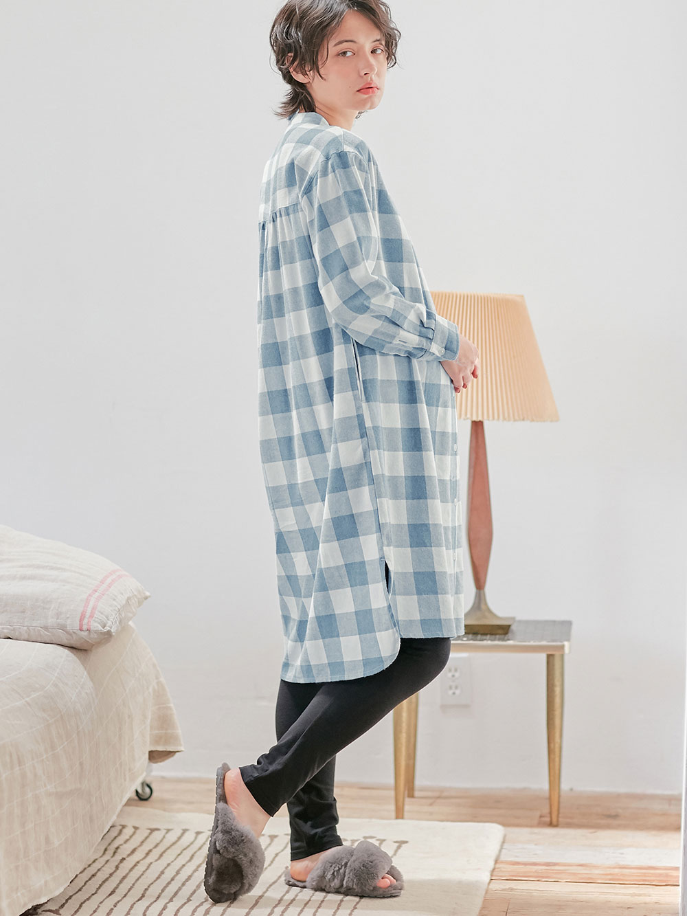 マタニティ パジャマ・ルームウェア|綿100%フランネルシャツワンピース＆産後も使えるレギンスパンツセット【出産後も長く使える】|ブルー