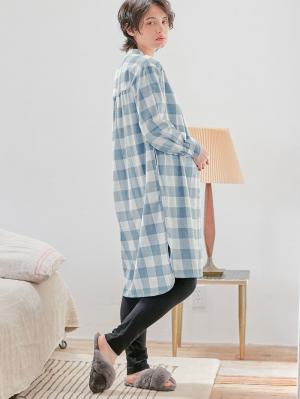 マタニティ パジャマ・ルームウェア|綿100%フランネルシャツワンピース＆産後も使えるレギンスパンツセット【出産後も長く使える】|ブルー