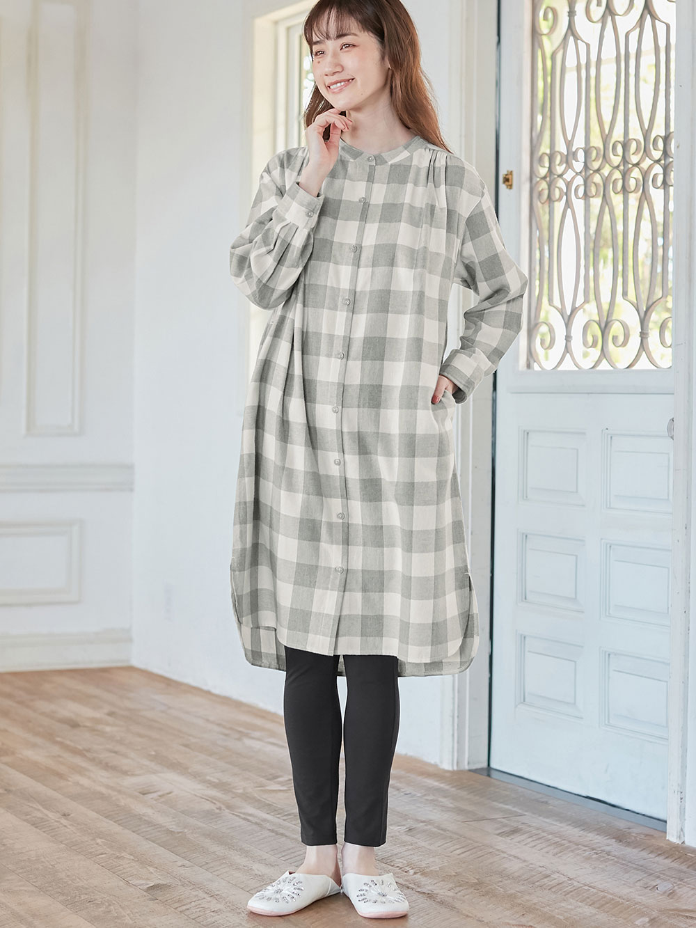 マタニティ パジャマ・ルームウェア|綿100%フランネルシャツワンピース＆産後も使えるレギンスパンツセット【出産後も長く使える】|グレー