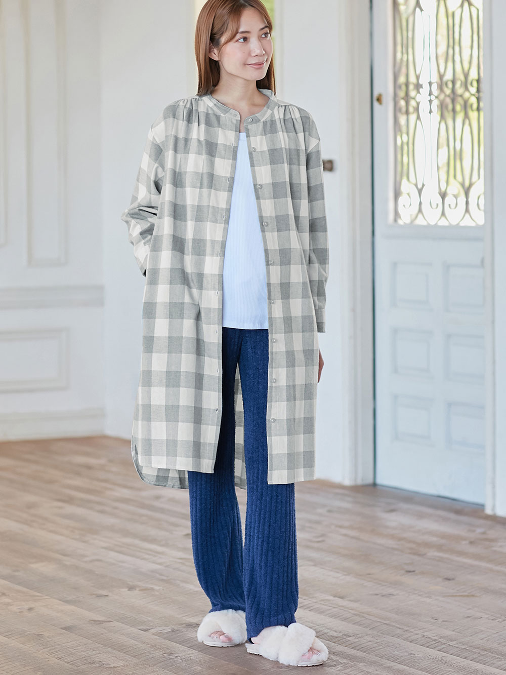 マタニティ パジャマ・ルームウェア|綿100%フランネルシャツワンピース＆産後も使えるレギンスパンツセット【出産後も長く使える】|グレー