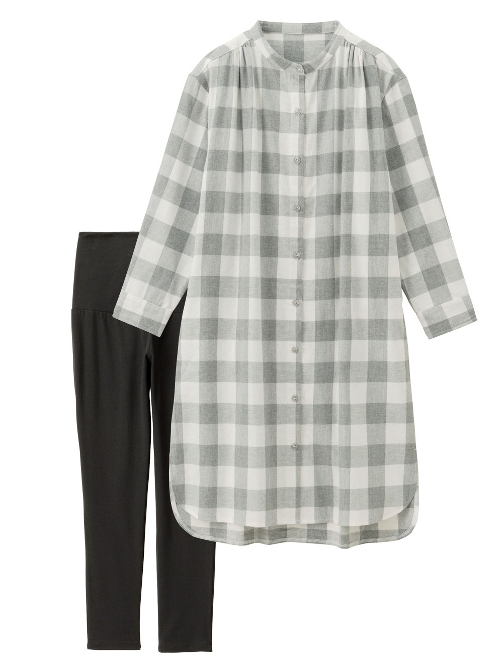 マタニティ パジャマ・ルームウェア|綿100%フランネルシャツワンピース＆産後も使えるレギンスパンツセット【出産後も長く使える】|グレー