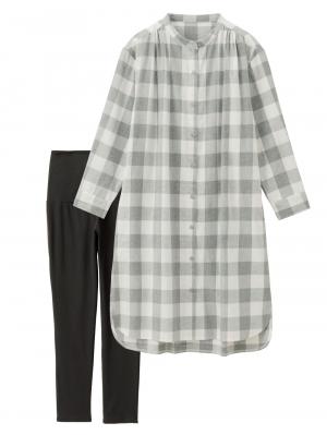 マタニティ パジャマ・ルームウェア|綿100%フランネルシャツワンピース＆産後も使えるレギンスパンツセット【出産後も長く使える】|グレー