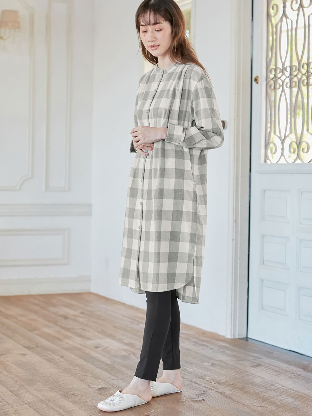 マタニティ パジャマ・ルームウェア|綿100%フランネルシャツワンピース＆産後も使えるレギンスパンツセット【出産後も長く使える】|グレー