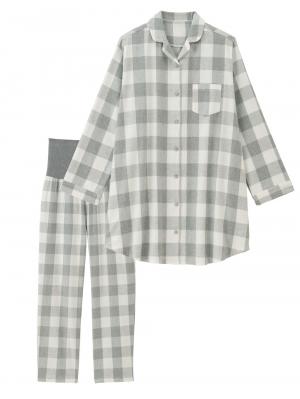 マタニティ パジャマ・ルームウェア|綿100%フランネルシャツパジャマセット【出産後も長く使える】|グレー