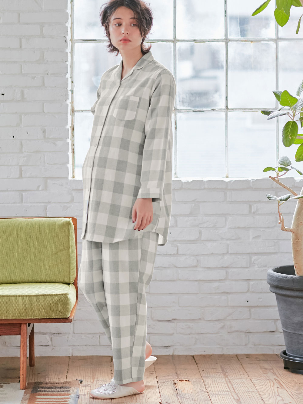 マタニティ パジャマ・ルームウェア|綿100%フランネルシャツパジャマセット【出産後も長く使える】|グレー