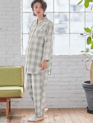 マタニティ パジャマ・ルームウェア|綿100%フランネルシャツパジャマセット【出産後も長く使える】|グレー