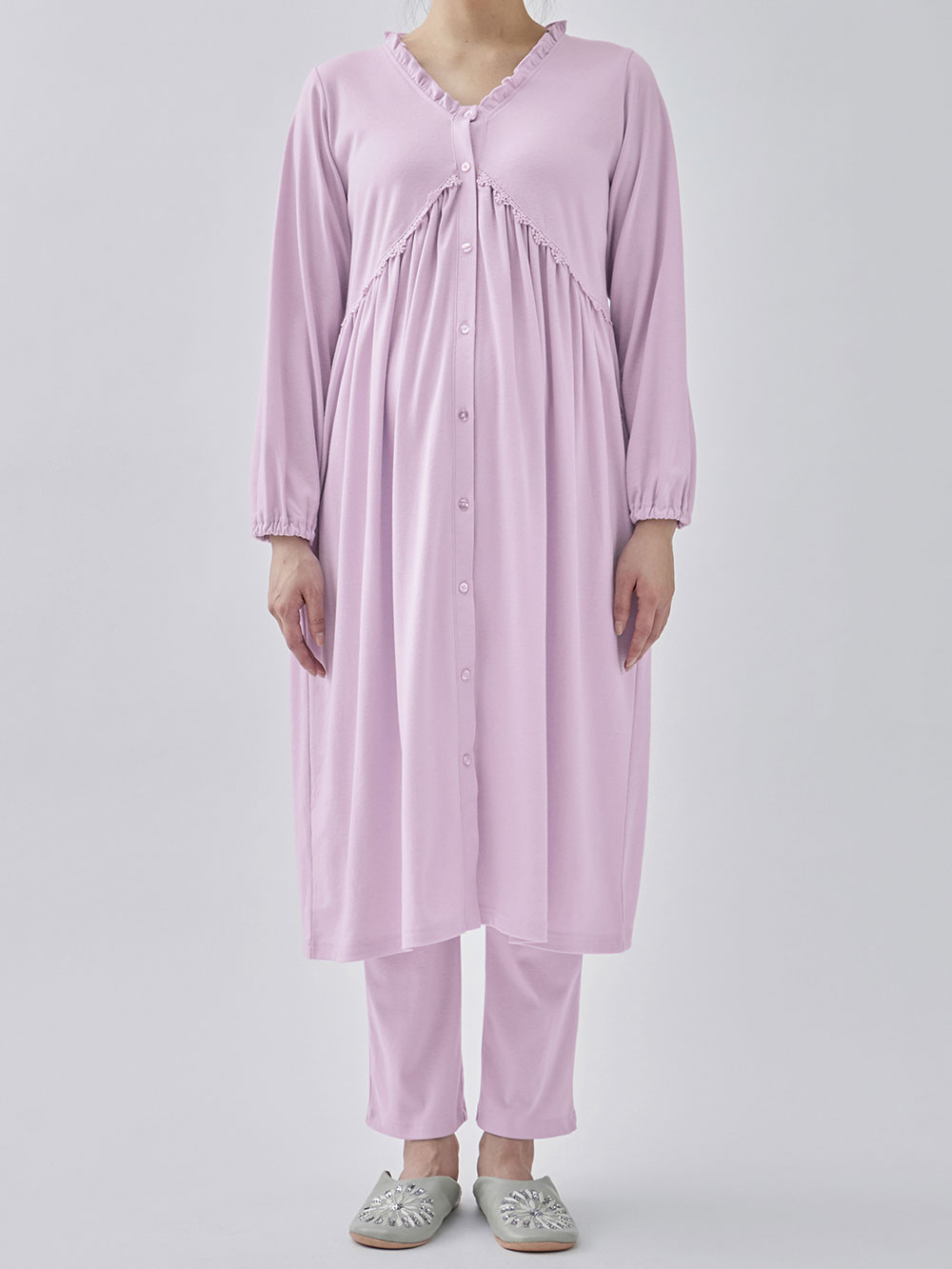 マタニティ パジャマ・ルームウェア|綿混やわらかスムース切替ギャザーパジャマ【出産後も長く使える】