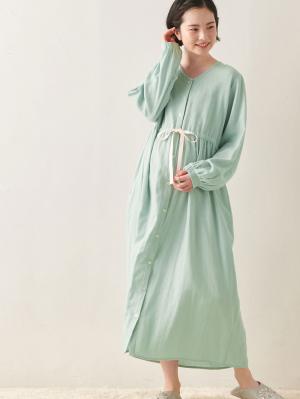 マタニティ パジャマ・ルームウェア|Ｗガーゼ長袖ウエストリボンネグリジェ　マタニティ・授乳パジャマ【出産後も長く使える】