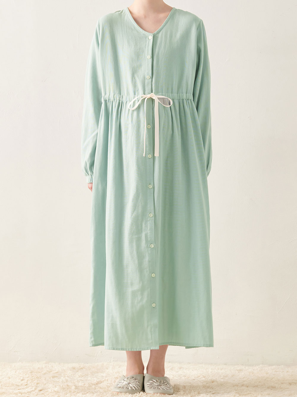 マタニティ パジャマ・ルームウェア|Ｗガーゼ長袖ウエストリボンネグリジェ　マタニティ・授乳パジャマ【出産後も長く使える】