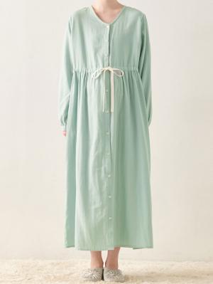 マタニティ パジャマ・ルームウェア|Ｗガーゼ長袖ウエストリボンネグリジェ　マタニティ・授乳パジャマ【出産後も長く使える】