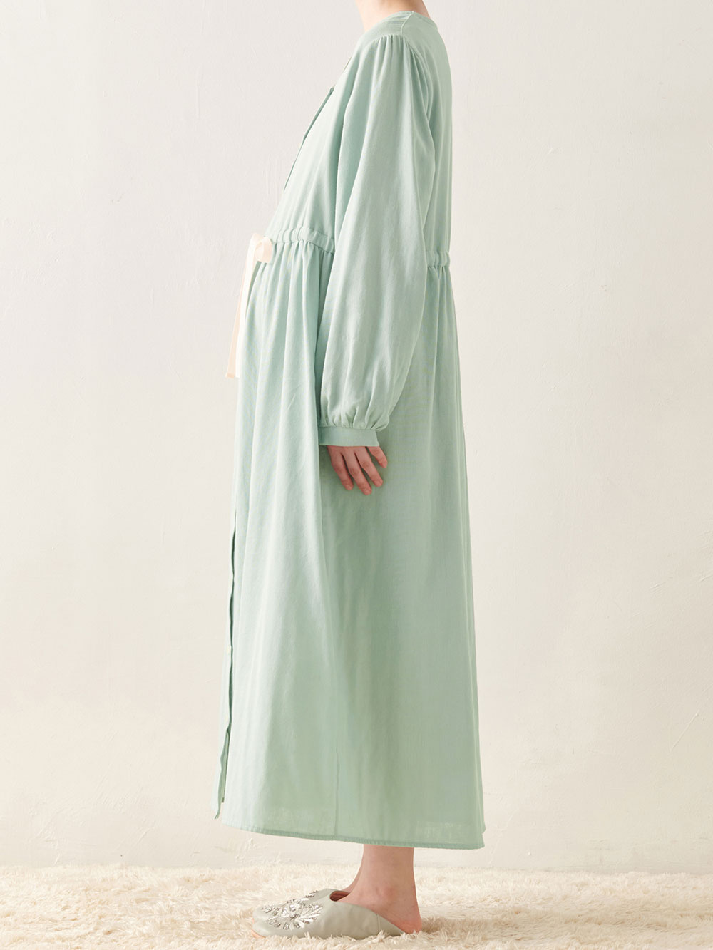 マタニティ パジャマ・ルームウェア|Ｗガーゼ長袖ウエストリボンネグリジェ　マタニティ・授乳パジャマ【出産後も長く使える】