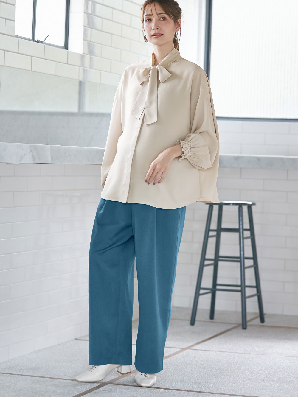 マタニティ パンツ|ウールライクワイドストレートパンツ　マタニティ・産後【出産後も長く使える】|ブルー