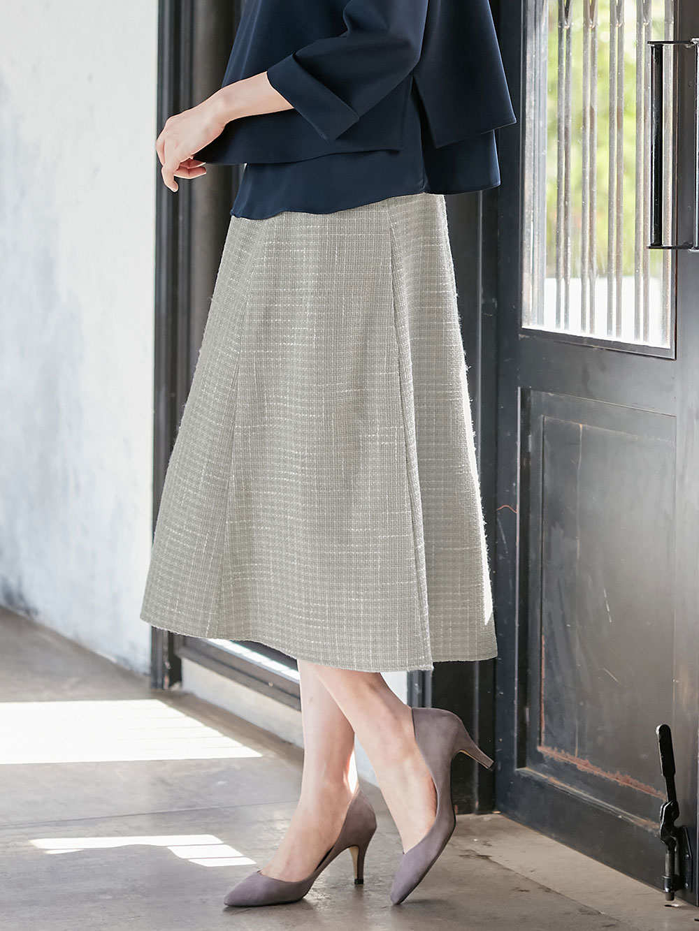 マタニティ スカート|カラーツイードフレアスカート【出産後も長く使える】|ペールグレー