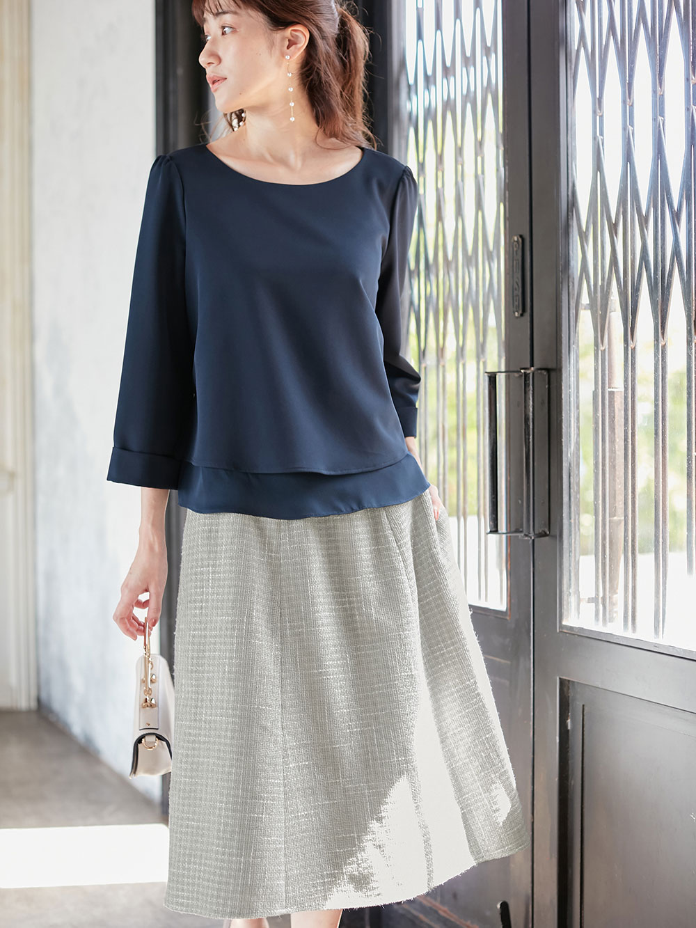 マタニティ スカート|カラーツイードフレアスカート【出産後も長く使える】|ペールグレー