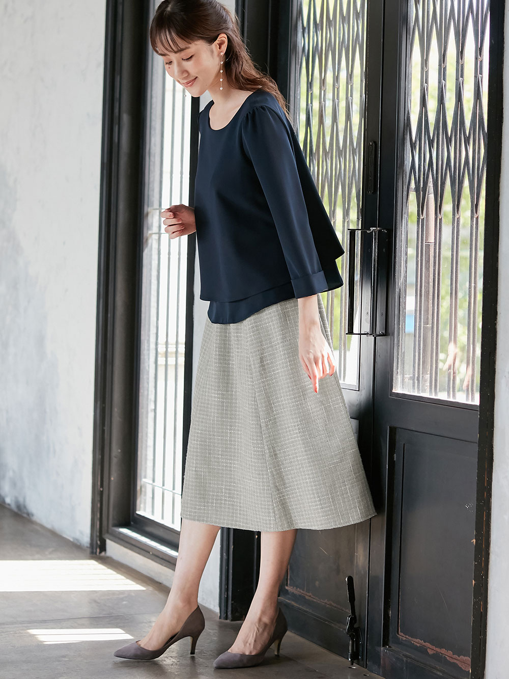 マタニティ スカート|カラーツイードフレアスカート【出産後も長く使える】|ペールグレー