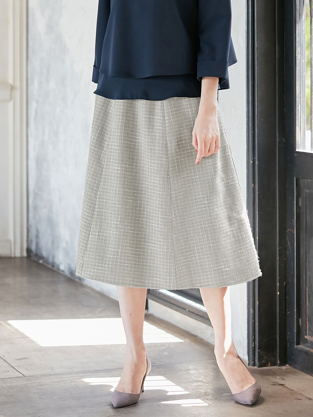 マタニティ スカート|カラーツイードフレアスカート【出産後も長く使える】|ペールグレー