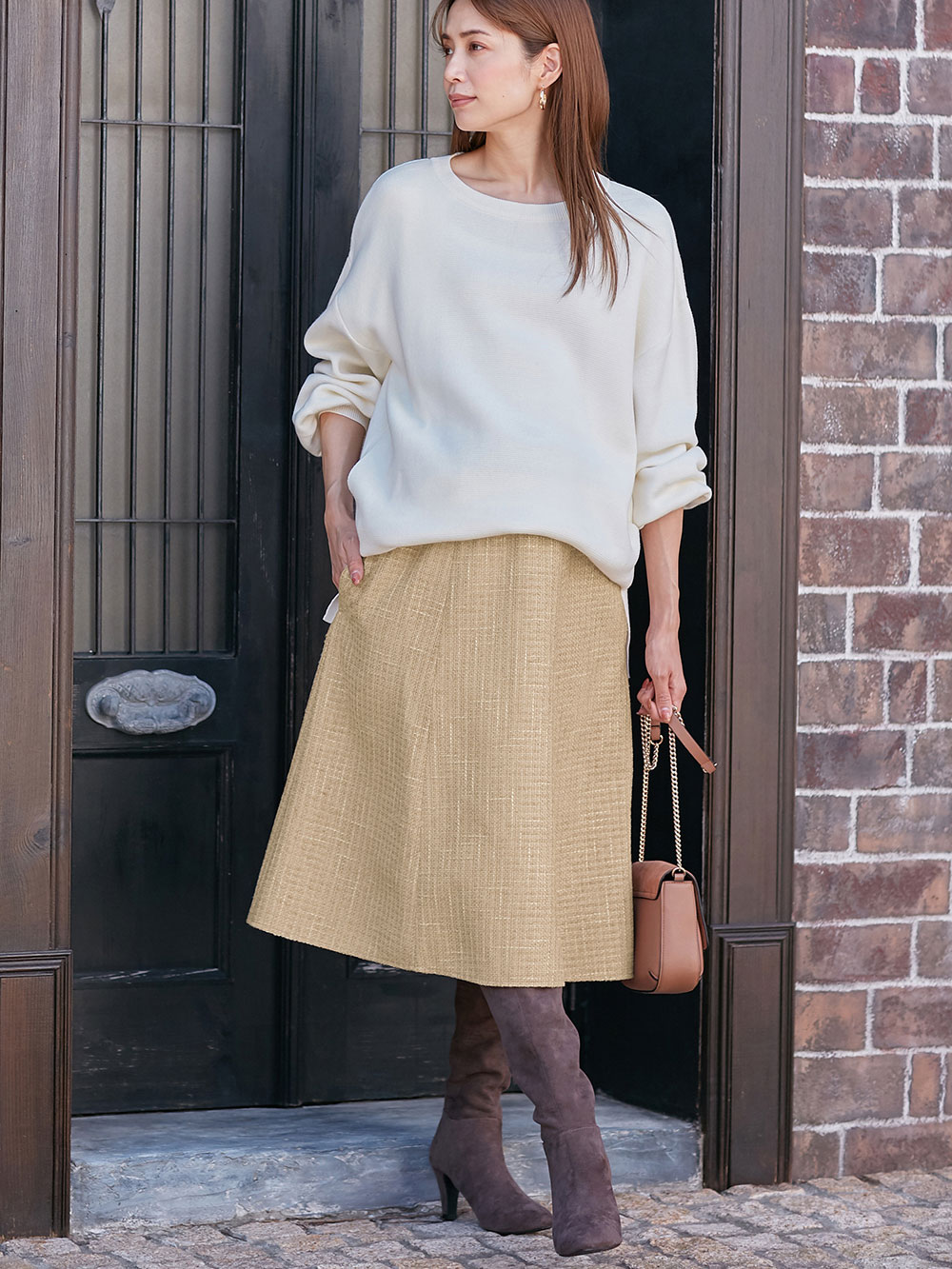 マタニティ スカート|カラーツイードフレアスカート【出産後も長く使える】|ベージュ