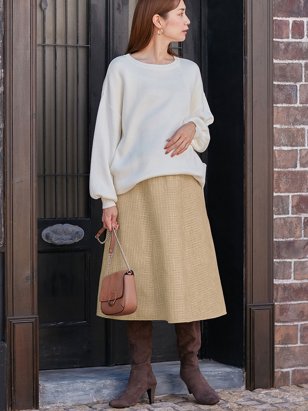 マタニティ スカート|カラーツイードフレアスカート【出産後も長く使える】|ベージュ