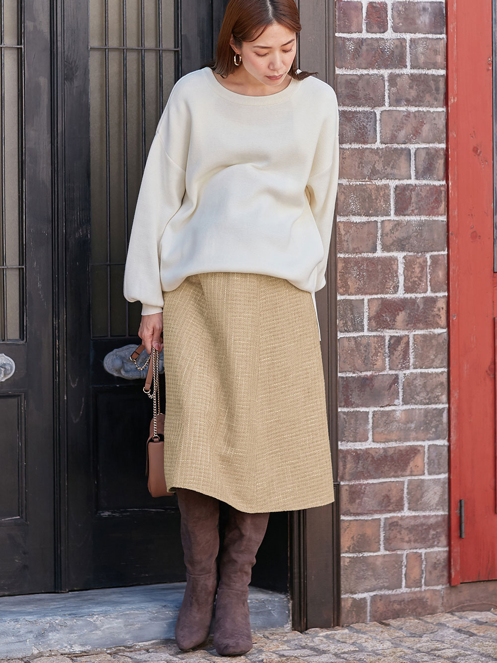 マタニティ スカート|カラーツイードフレアスカート【出産後も長く使える】|ベージュ