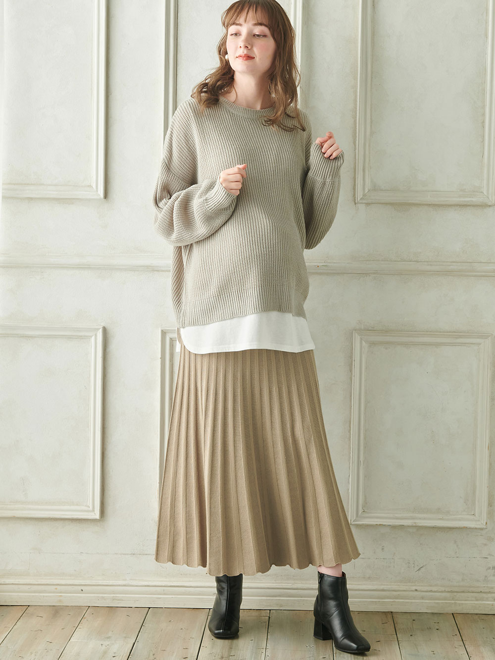 マタニティ スカート|ニットフレアスカート　マタニティ・産後【出産後も長く使える】|ベージュ