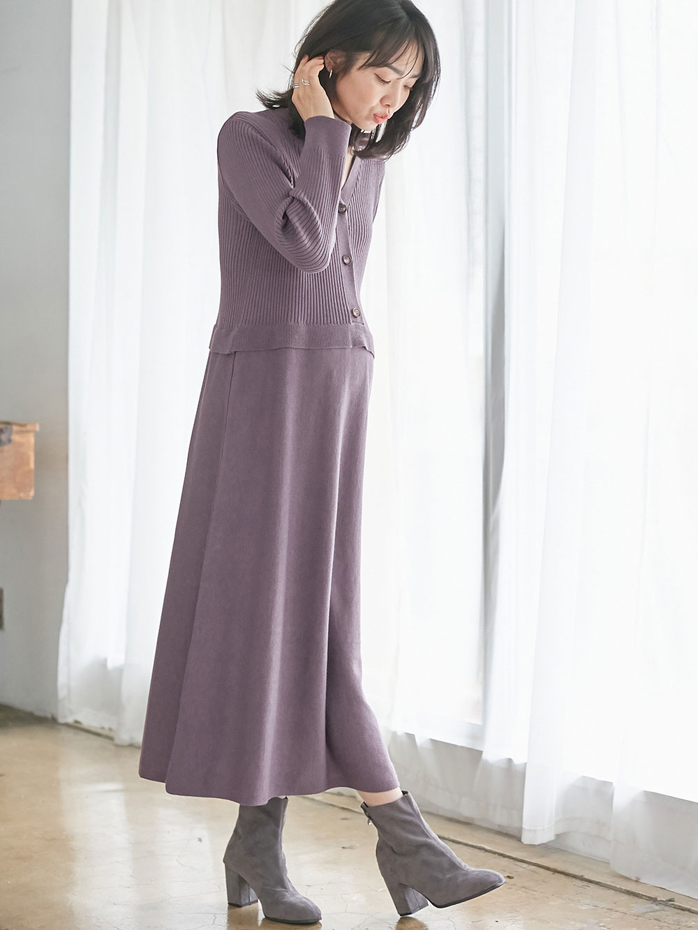 マタニティ ワンピース|レイヤード風ニットワンピース マタニティ・産後【出産後も長く使える】|パープル