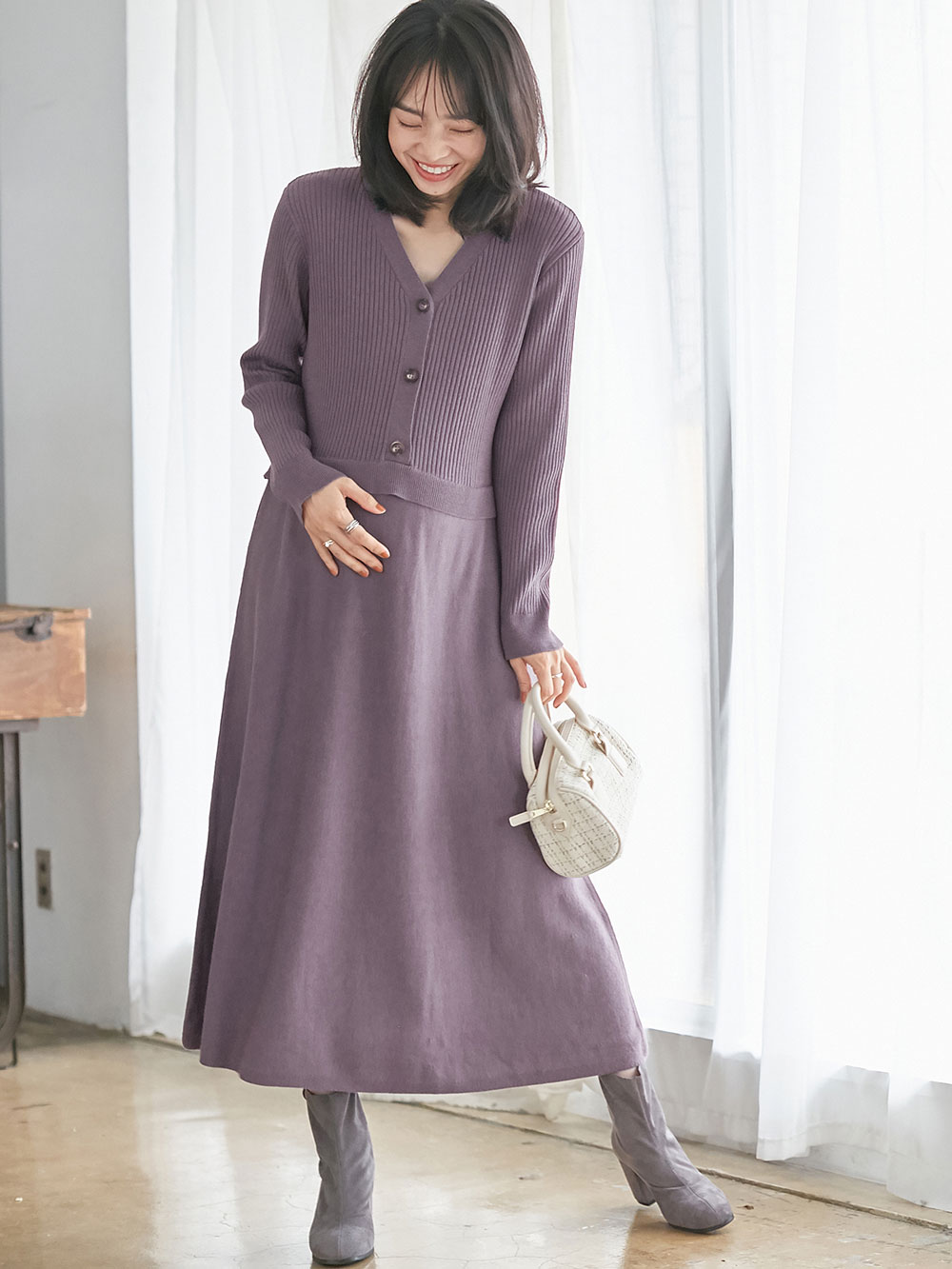 マタニティ ワンピース|レイヤード風ニットワンピース マタニティ・産後【出産後も長く使える】|パープル