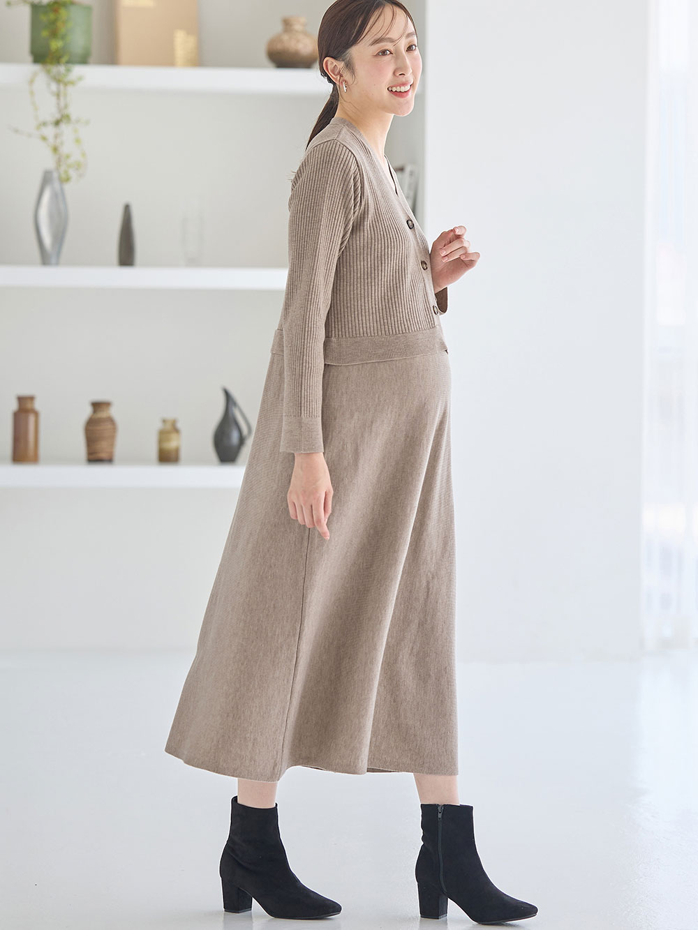 マタニティ ワンピース|レイヤード風ニットワンピース マタニティ・産後【出産後も長く使える】|ベージュ