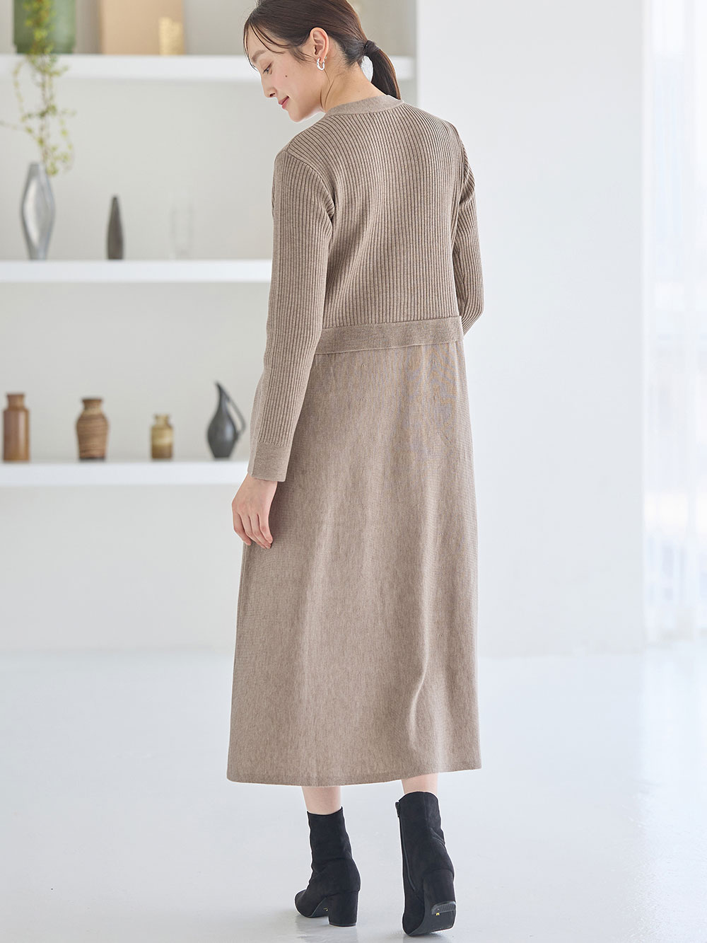 マタニティ ワンピース|レイヤード風ニットワンピース マタニティ・産後【出産後も長く使える】|ベージュ