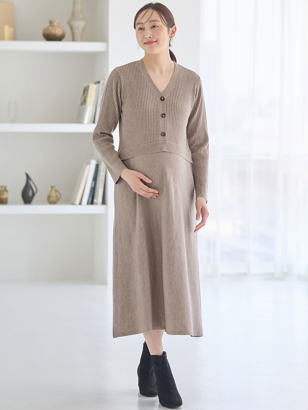マタニティ ワンピース|レイヤード風ニットワンピース マタニティ・産後【出産後も長く使える】|ベージュ