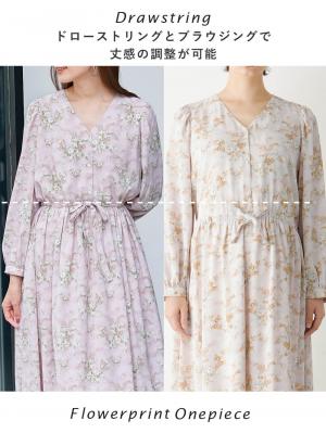 マタニティ ワンピース|ウエストドロストフラワープリントワンピース　マタニティ・産後【出産後も長く使える】