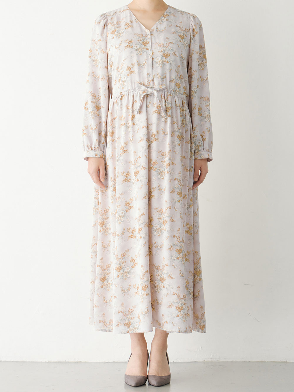 マタニティ ワンピース|ウエストドロストフラワープリントワンピース　マタニティ・産後【出産後も長く使える】