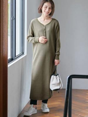 マタニティ ワンピース|ワッフルヘンリーネックワンピース　マタニティ・産後【出産後も長く使える】|カーキ