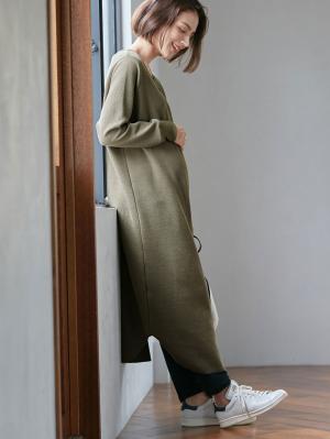 マタニティ ワンピース|ワッフルヘンリーネックワンピース　マタニティ・産後【出産後も長く使える】|カーキ