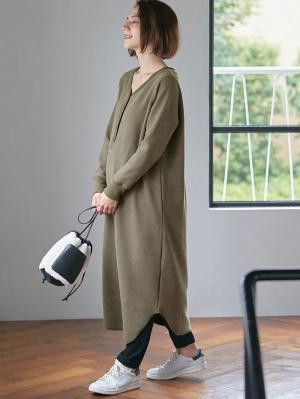 マタニティ ワンピース|ワッフルヘンリーネックワンピース　マタニティ・産後【出産後も長く使える】|カーキ