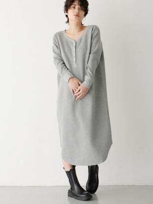 マタニティ ワンピース|ワッフルヘンリーネックワンピース　マタニティ・産後【出産後も長く使える】|杢グレー