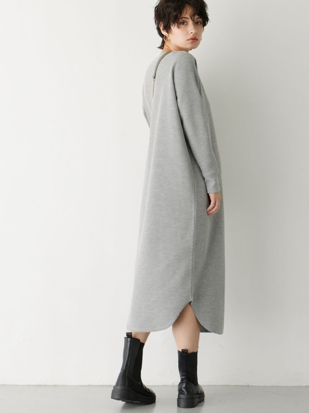 マタニティ ワンピース|ワッフルヘンリーネックワンピース　マタニティ・産後【出産後も長く使える】|杢グレー