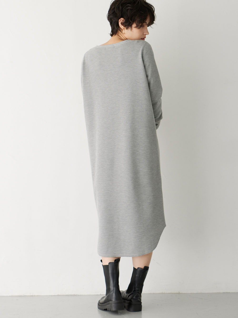 マタニティ ワンピース|ワッフルヘンリーネックワンピース　マタニティ・産後【出産後も長く使える】|杢グレー