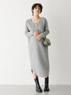 マタニティ ワンピース|ワッフルヘンリーネックワンピース　マタニティ・産後【出産後も長く使える】|杢グレー