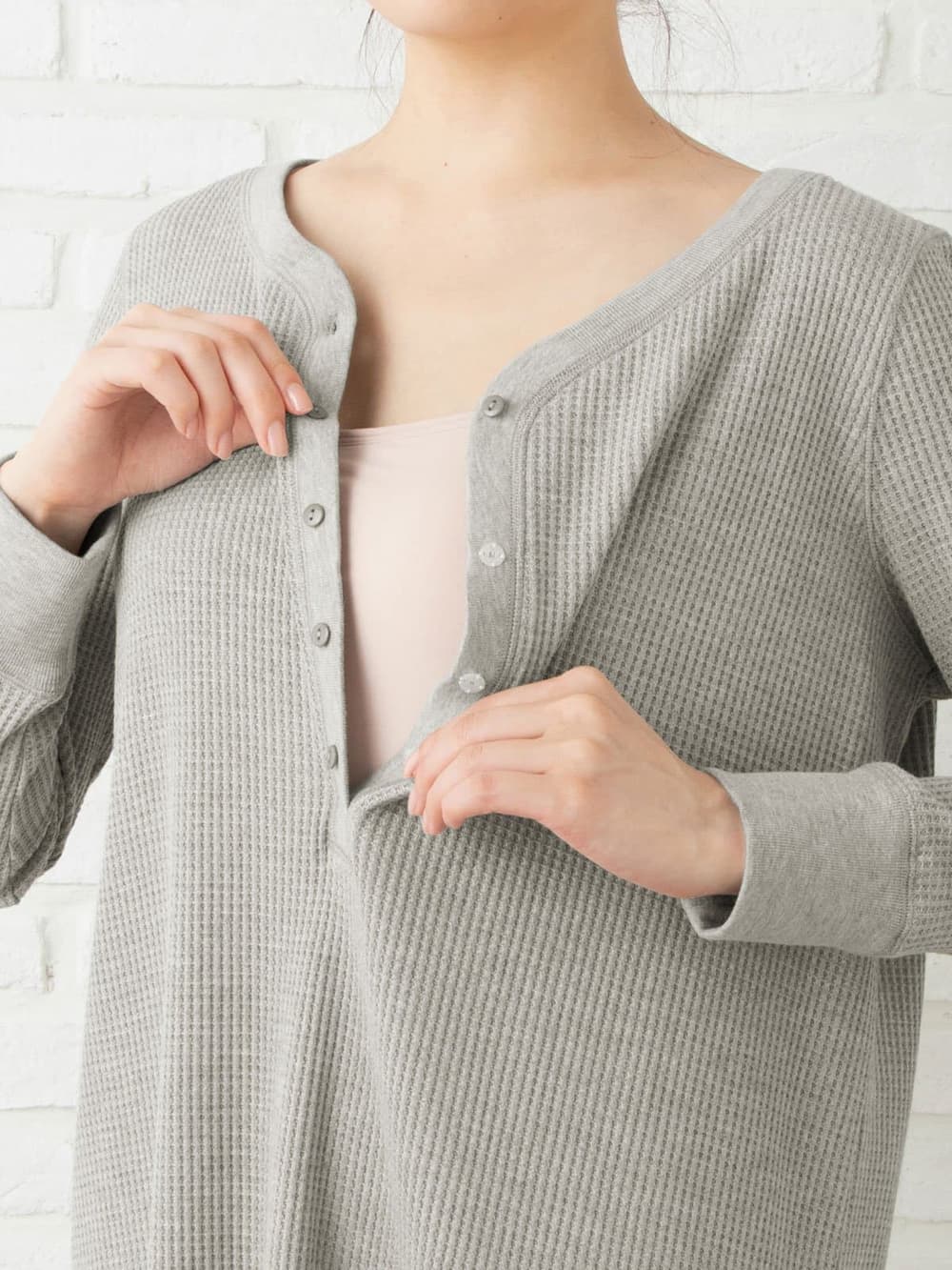 マタニティ ワンピース|ワッフルヘンリーネックワンピース　マタニティ・産後【出産後も長く使える】