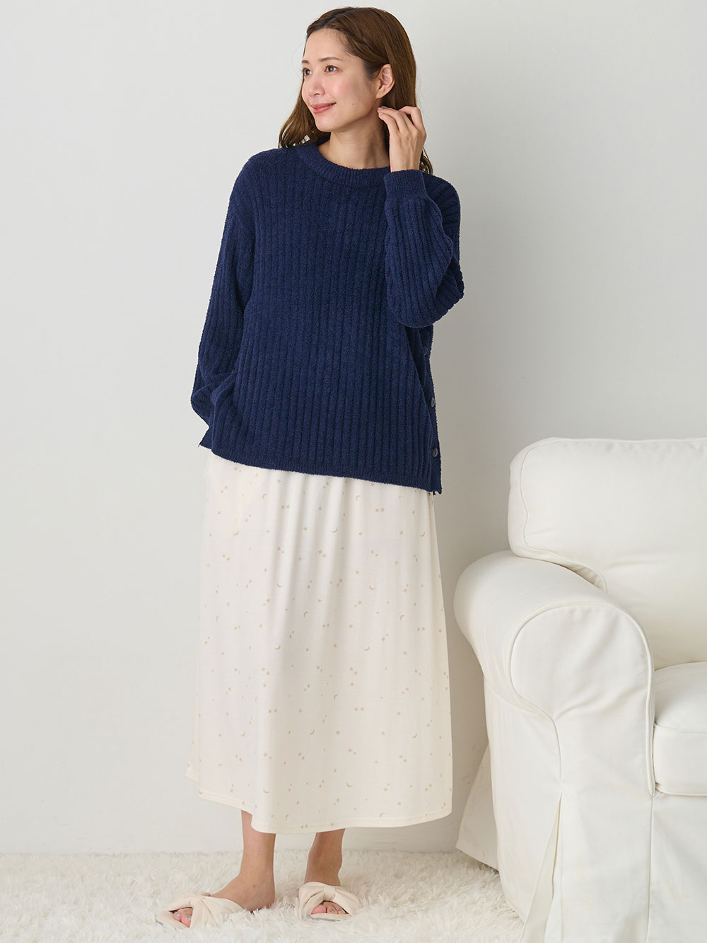 マタニティ トップス|やわらかニットサイドボタンプルオーバー　マタニティ・産後【出産後も長く使える】|ネイビー