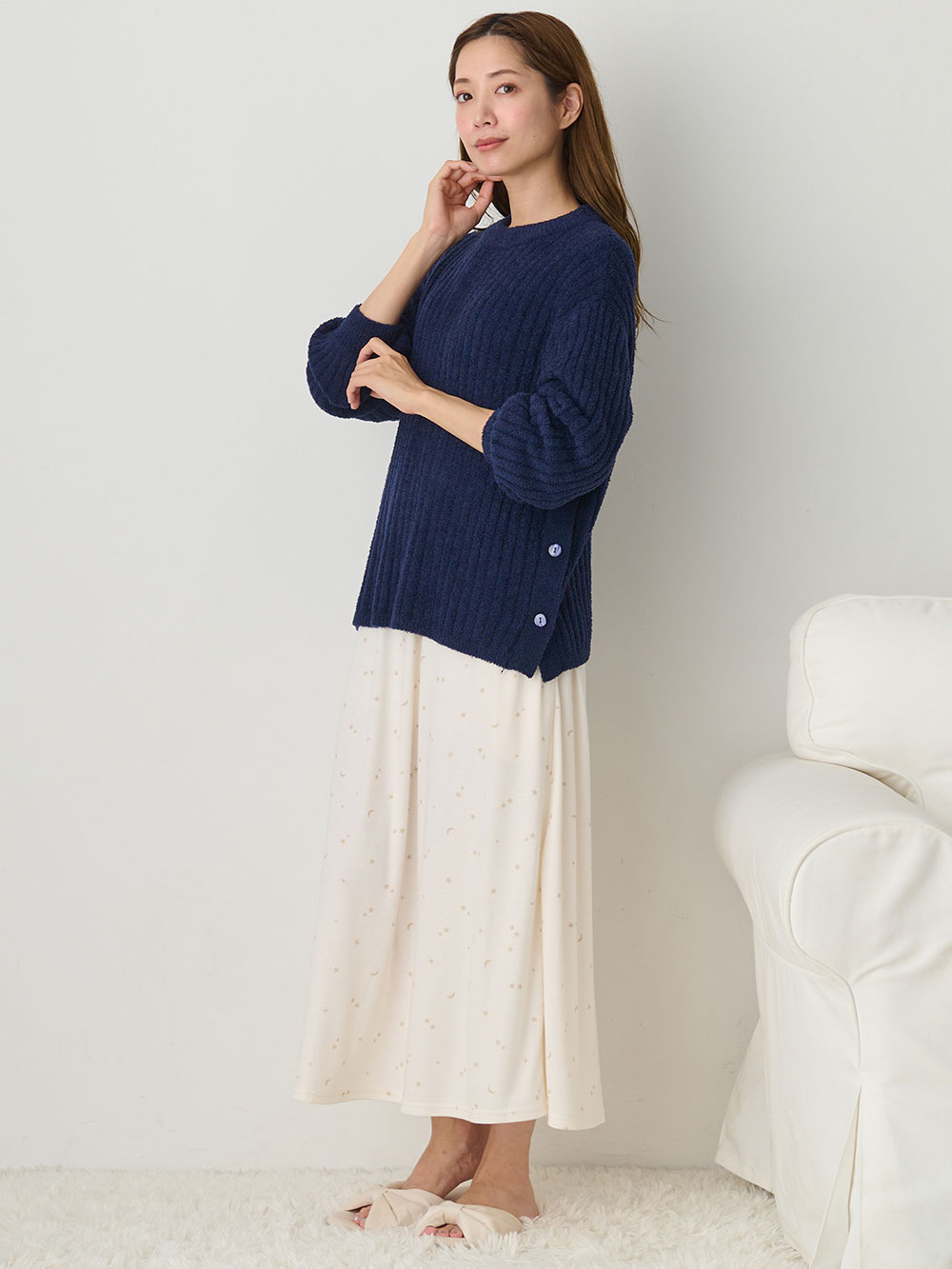 マタニティ トップス|やわらかニットサイドボタンプルオーバー　マタニティ・産後【出産後も長く使える】|ネイビー