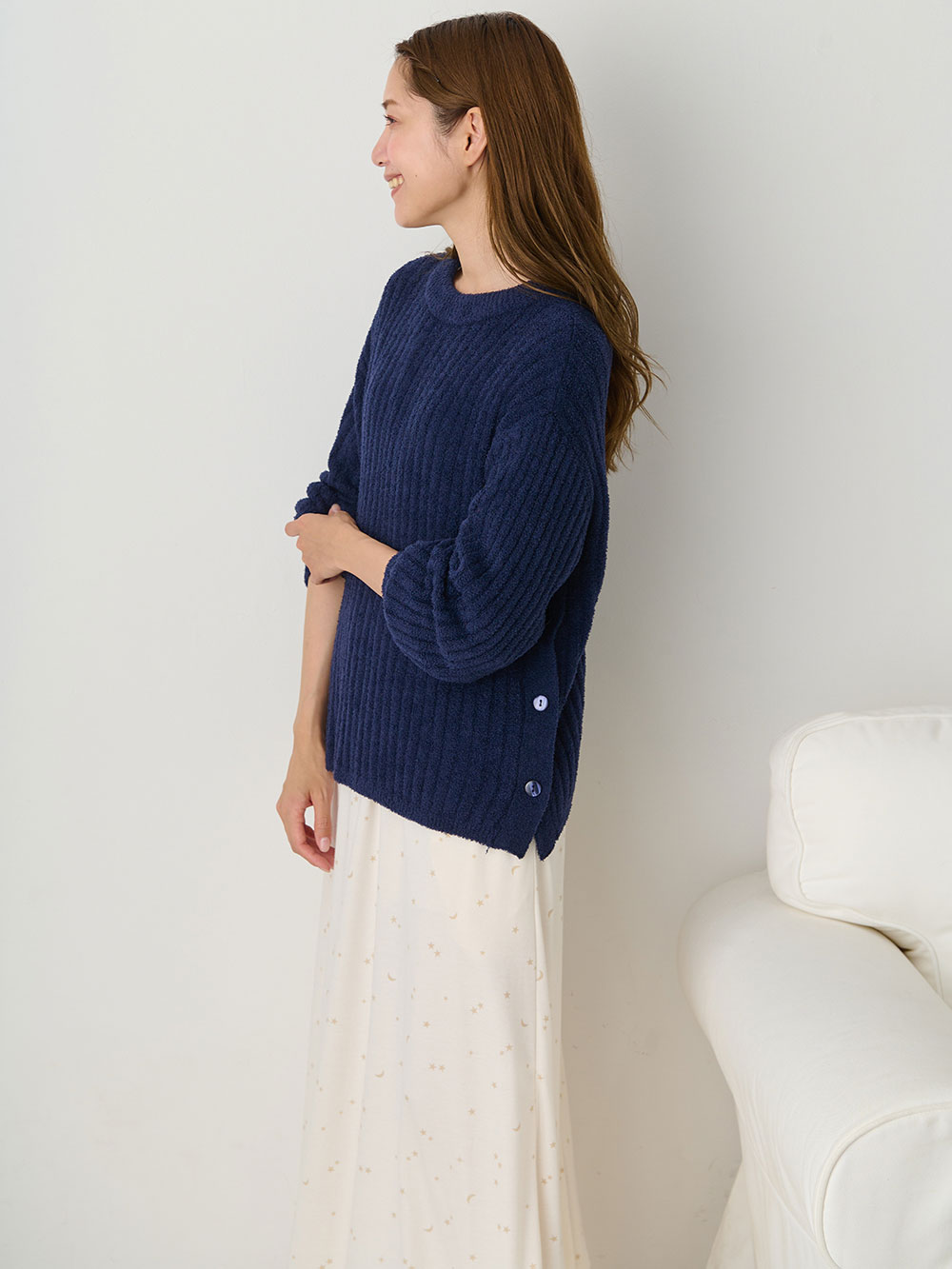 マタニティ トップス|やわらかニットサイドボタンプルオーバー　マタニティ・産後【出産後も長く使える】|ネイビー