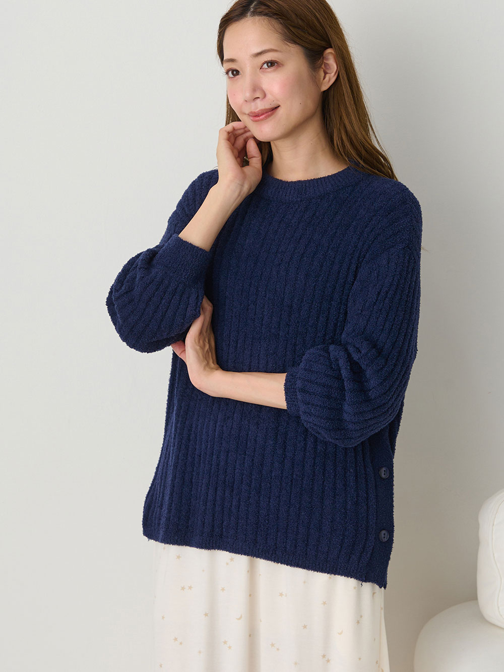 マタニティ トップス|やわらかニットサイドボタンプルオーバー　マタニティ・産後【出産後も長く使える】|ネイビー
