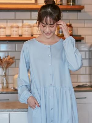 マタニティ パジャマ・ルームウェア|綿混やわらかスムース前開きワンピース×産後も使えるレギンスパジャマ【出産後も長く使える】|サックス