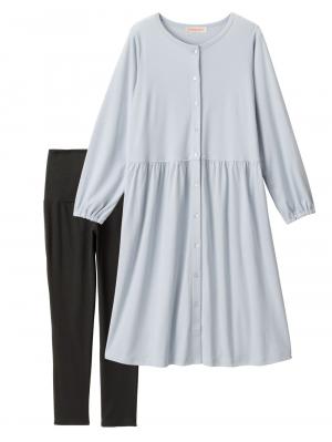 マタニティ パジャマ・ルームウェア|綿混やわらかスムース前開きワンピース×産後も使えるレギンスパジャマ【出産後も長く使える】|サックス